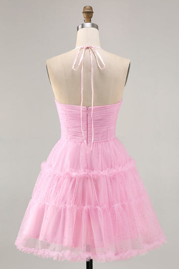 Glitter Halter Cut Out Pink Ruffled A-Line Homecoming Dress